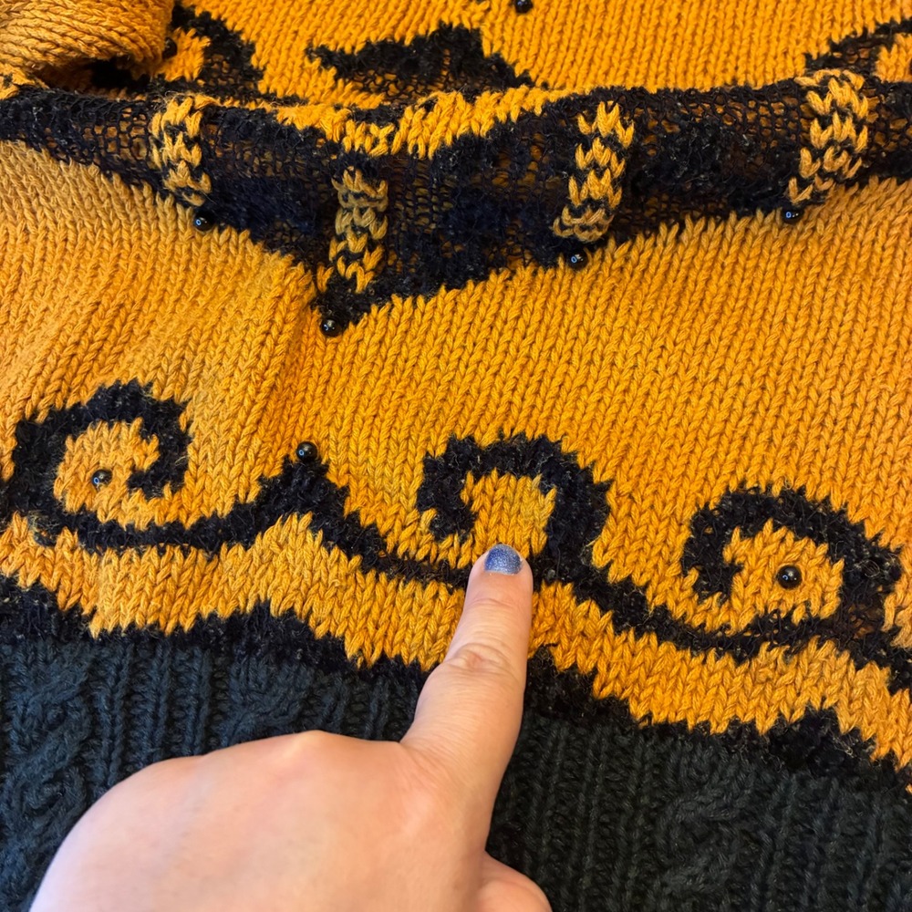 Studio Michelle Stuart Hand Knit Sweater Medium Vintage Mustard Black Abstract - Picture 16 of 17